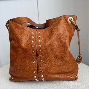Michael Kors Studded Pebbled Leather Hobo Shoulder Bag Gold Hardware